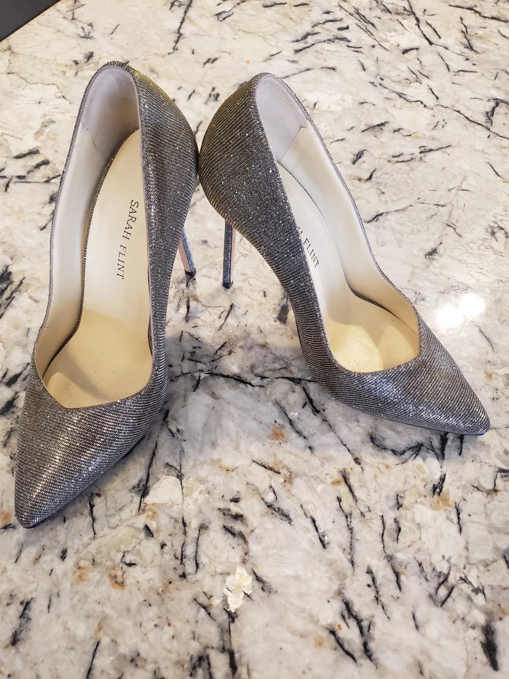 Sarah Flint Silver Glitter Pointed Toe Stilettos with Gold Edge